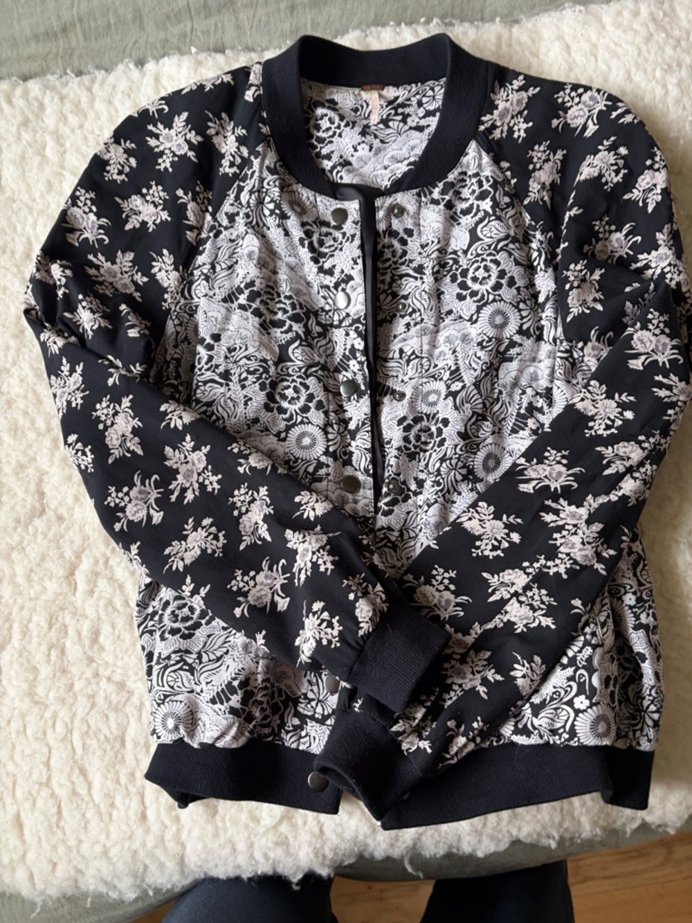 Black & White Floral Bomber Jacket - Free People